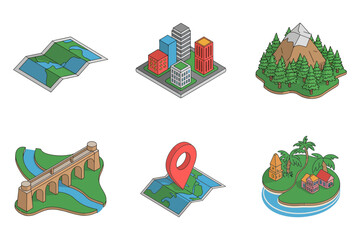 Map and location pin icons, isometric city vector, landscape navigation symbol, travel map illustration, urban planning set