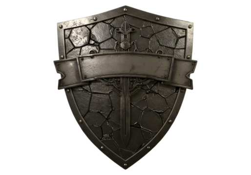 Isolated 3D Render of a Metallic Shield with a Grunge Texture on Transparent Background