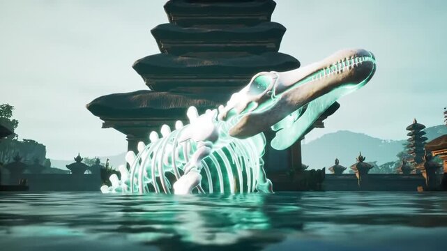 Digital whale skeleton rising through temple pool