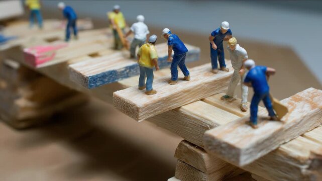 A group of small figurines are working on a wooden bridge. Scene is one of teamwork and collaboration, as the figurines are all working together to complete the task