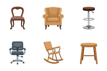 Office chair and rocking chair icons, modern furniture vector, home seating illustration, armchair and stool set, interior design collection