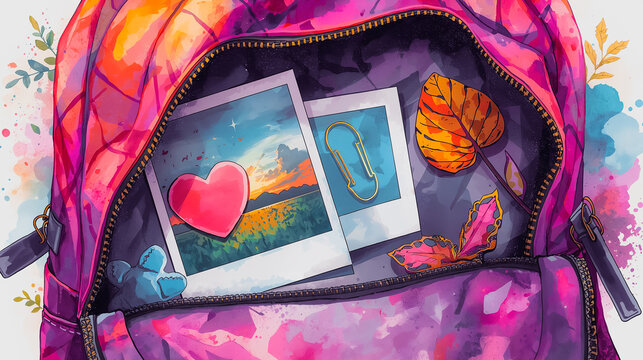 Open purple backpack filled with photos and colorful autumn leaves  