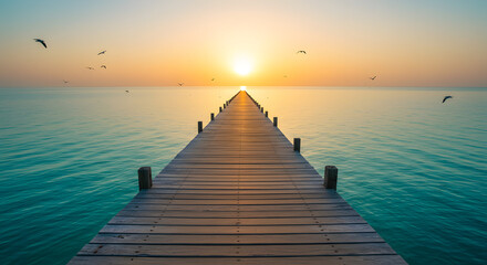 Obraz premium Tranquil Sunrise over the Sea with Pier leading to Horizon for Serene Escape