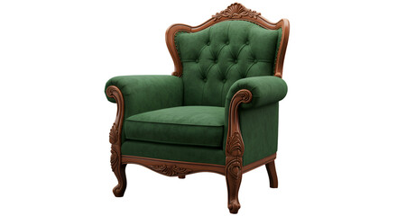 Isolated 3D Render of Green Velvet Chair with Wooden Frame on Transparent Background
