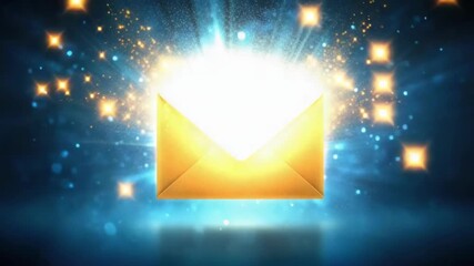 Gold notification envelope with illuminating light for e-mail marketing campaign, special business offer email, for promotion, sending letters for Christmas or New Year.
