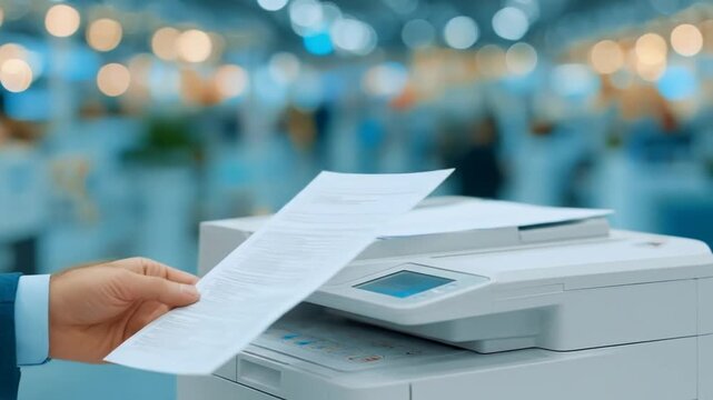 Hand of a businessman inserting documents in the printer at office.