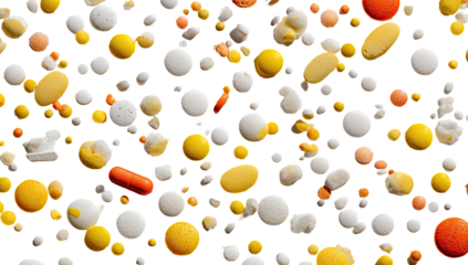 Close-up of various pill shapes and colors, scattered on a black background.  Distinct outlines