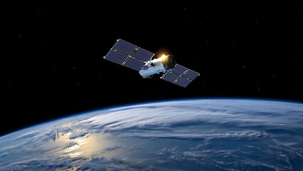 Satellite orbiting Earth with solar panels and a bright light reflection in space exploration and technology showcase