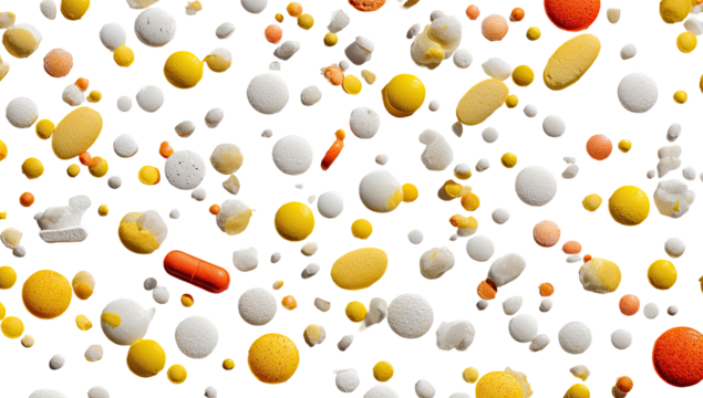 Close-up of various pill shapes and colors, scattered on a black background.  Distinct outlines