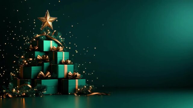 Stack of teal boxes adorned with gold ribbon and star forms christmas tree, surrounded by festive lights and greenery in modern holiday setting.