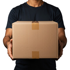 Photo of a Man Holding a Cardboard Box with Transparent Background