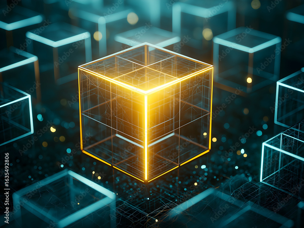 Aufkleber a glowing cube surrounded by transparent geometric shapes, set against a digital backdrop with spark