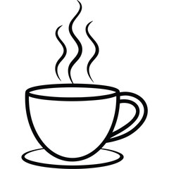Elegant black line art illustration of a steaming coffee cup with subtle steam details