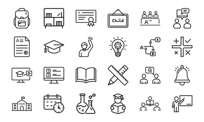 24 Education and School Line Icons Learning, Teaching, Online Classes, Graduation, Science, Math, and Classroom Vector Icon Set for Teachers, Students, and Educational Projects