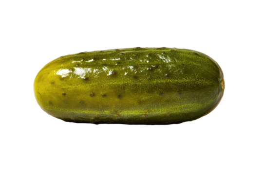 Single dill pickle, whole, oval shape, glossy green skin, speckled with tiny dark spots