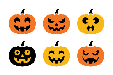 Cartoon pumpkin faces, Halloween jack o lantern set, funny and scary pumpkin icons, festive autumn vector, kids Halloween illustration