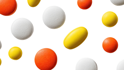 Assorted pills of white, orange, and yellow on black background