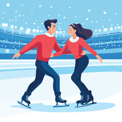 Couple figure skating on indoor ice rink, flat graphic style, with blue stadium background, concept of sport, performance and teamwork