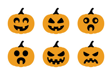 Simple pumpkin face icons, Halloween jack o lantern collection, cute and scary pumpkin vector, autumn holiday design, cartoon illustration