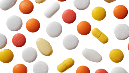 Assorted pills and tablets in various colors against a black background