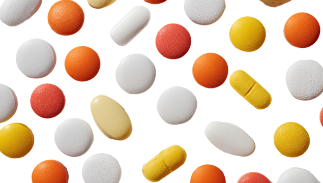 Assorted pills and tablets in various colors against a black background