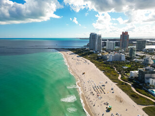 Miami Beach aerial drone view with skyline. Miami from above. Drone view of Miamis famous...