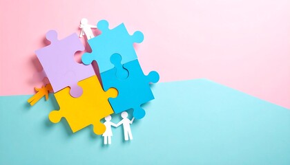 Colorful puzzle pieces with paper people