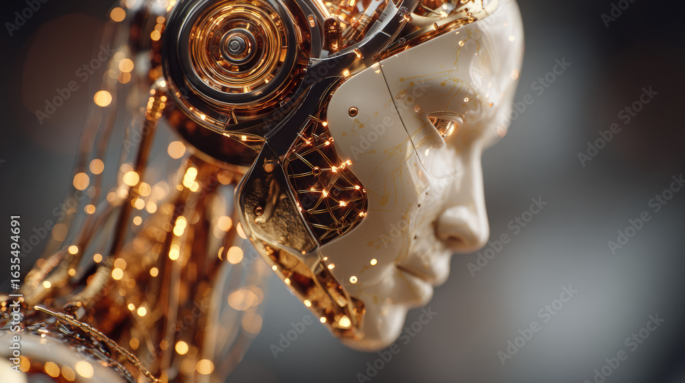Poster futuristic robot with intricate circuitry and glowing lights, showcasing advanced technology and art