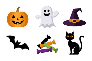 Halloween cartoon icons, pumpkin ghost bat witch hat black cat candy, festive spooky vector illustration, holiday party clipart