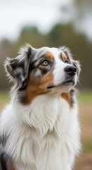 Fototapeta premium Elegant Australian Shepherd Gaze Captivating Portrait Outdoors at Daylight