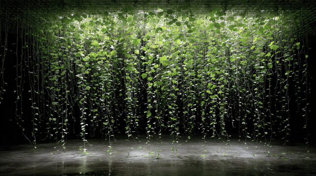 Greenery Vines Leaves Natural Indoor Decor Illumination Plants Foliage Vibrant Tranquility Lush Atmosphere Serenity Pattern Botanical Jungle Scene 