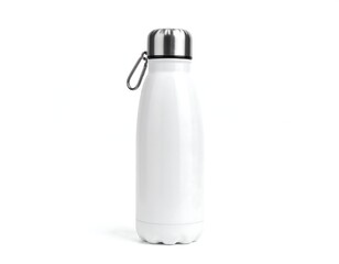 White reusable thermo bottle with a metal cap and carabiner isolated on a white background. Concept of a sustainable lifestyle.