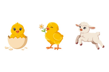 Easter chick and lamb cartoon, spring animal icon set, baby chick hatching, cute farm animal vector, holiday illustration