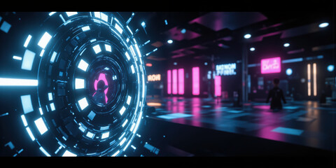 Obraz premium Cyberpunk Portal Neon Futuristic Shopping Mall at night for shopping.
