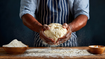 Kneading dough with flour covered hands, baker prepares for art of baking. scene captures essence of culinary craftsmanship and joy of creating delicious bread
