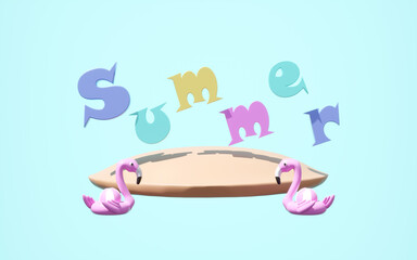 3D render of colorful SUMMER text floating above a surfboard, flanked by two pink flamingo inflatables with beach balls, against a light blue background. Vacation and holiday concept.