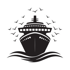 Front View Cruise Ship Silhouette with Flying Birds on White Background