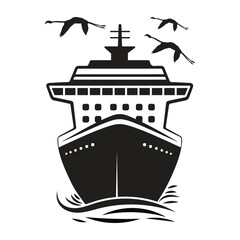 Front View Cruise Ship Silhouette with Flying Birds on White Background