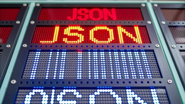Bright Digital Display of JSON in Red and Blue Lights Stunning Representation of Technology and Data Through Electronic Innovation