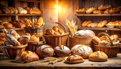 Naklejka premium Variety of breads in rustic wooden display