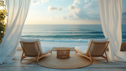Seaside terrace with lounge chairs and curtains, perfect for relaxation, travel, and luxury outdoor inspiration concepts