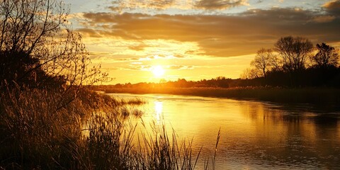 Obraz premium A peaceful sunset scene where golden light reflects off the river surface