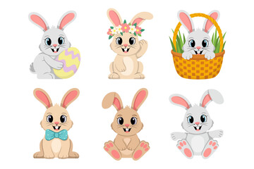 Cartoon Easter bunnies, cute rabbit icon set, bunny with flower crown, spring celebration vector, holiday animal illustration