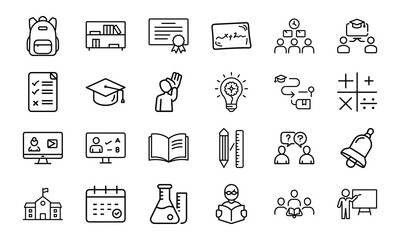 24 Education and School Line Icons Learning, Teaching, Online Classes, Graduation, Science, Math, and Classroom Vector Icon Set for Teachers, Students, and Educational Projects
