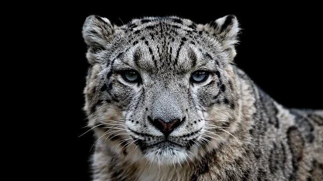 A snow leopard stares intently set against a stark black backdrop highlighting its patterned fur and piercing blue eyes