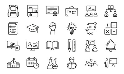 24 Education and School Line Icons Learning, Teaching, Online Classes, Graduation, Science, Math, and Classroom Vector Icon Set for Teachers, Students, and Educational Projects