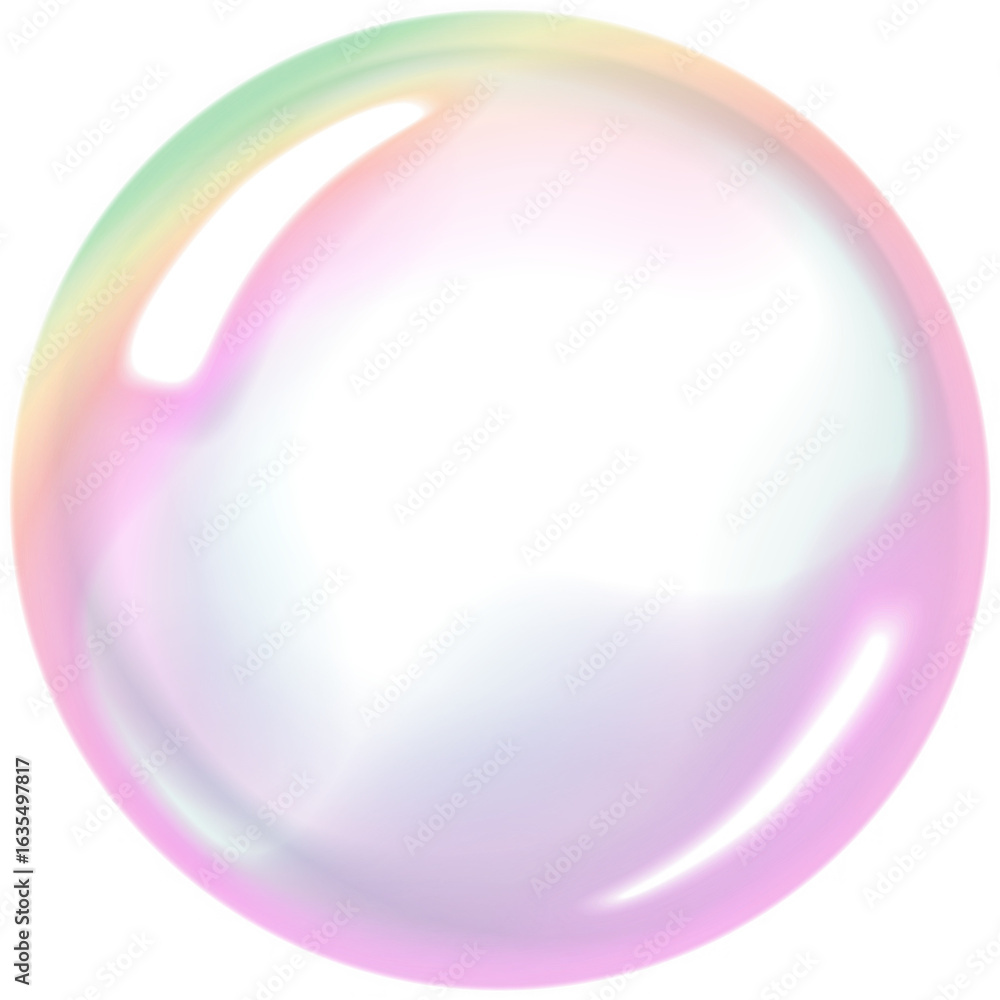 Poster a single iridescent soap bubble with rainbow colors reflecting light and showing a dark center isola