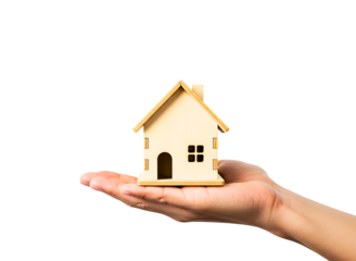 Hand holding a miniature house isolated on transparent background
