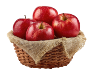 Four bright red apples nestled in a woven basket lined with burlap