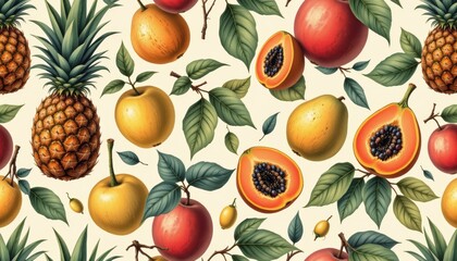 Seamless vintage botanical illustration background of tropical fruits including pineapples, mangoes